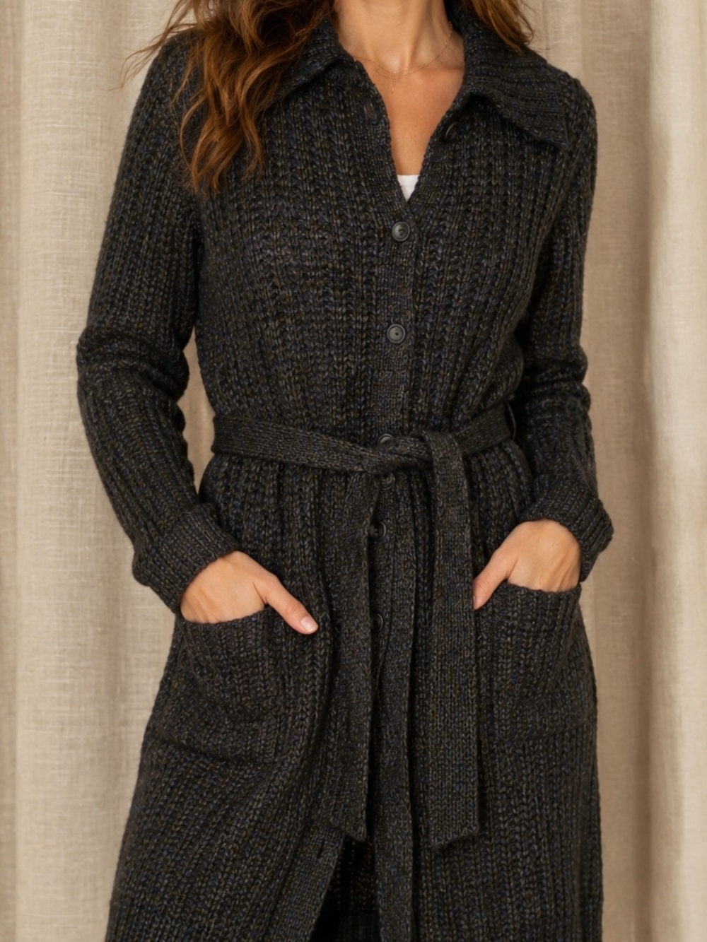 J. Crew Charcoal Ribbed Button-Front Belted Cardigan